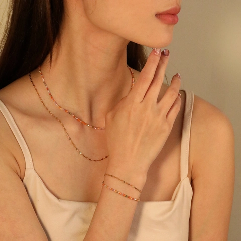 Bohemian Double Layer Necklace And Bracelet Stainless Steel Colorful Faceted Beads Jewelry Chic Minimalist Accessories For Women