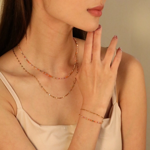 Bohemian Double Layer Necklace And Bracelet Stainless Steel Colorful Faceted Beads Jewelry Chic Minimalist Accessories For Women