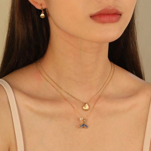 Oceaan Schelp Zeemeermin Staart Hanger Ketting En Oorbellen Verguld Roestvrij Staal Blauw Email Kunstparel Zomer Strand Stijl Sieraden Voor Dames