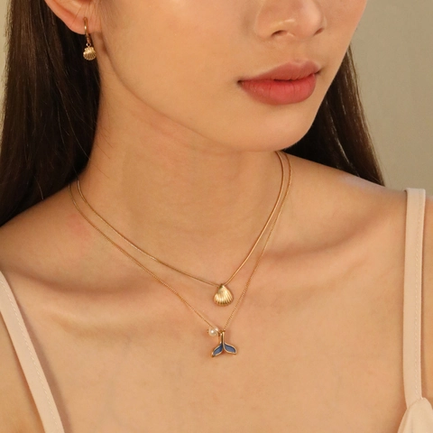 Oceaan Schelp Zeemeermin Staart Hanger Ketting En Oorbellen Verguld Roestvrij Staal Blauw Email Kunstparel Zomer Strand Stijl Sieraden Voor Dames