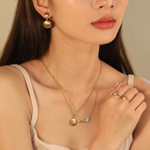 Ocean Theme Fishbone Shell Pendant Necklace And Stud Earrings Stainless Steel Gold Plated Rhinestone Jewelry Women