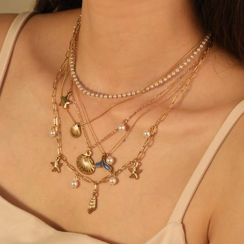 Collar Acero Inoxidable Concha Estrella De Mar Cola De Ballena Esmalte Perla Artificial Joyería Océano Mujer Tono Oro Plata