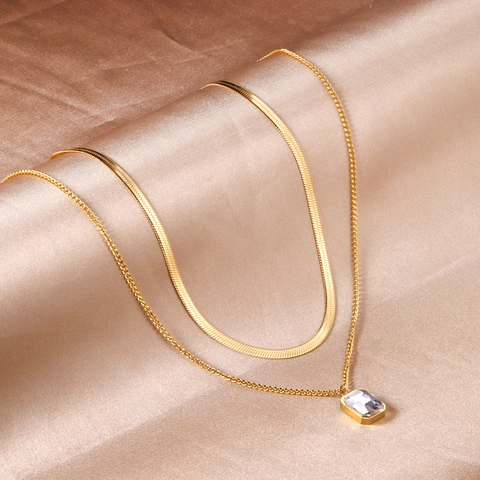 Dubbele Gelaagde Ketting Verguld Roestvrij Staal Slangenketting Rechthoekige Zirkoon Hanger Minimalistische Luxe Sieraden Voor Dames