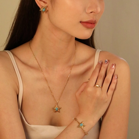 Collana Con Ciondolo Stella Marina Acciaio Inossidabile Placcato Oro Pietra Turchese Stile Boho Vacanze Per Donne