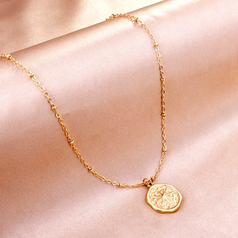 Collier Pendentif Étoile De La Chance Rond Rétro Acier Inoxydable Plaqué Or Chaîne Perle Satellite Bijoux Vintage Femmes