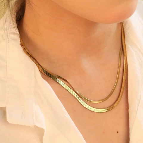 Flat Herringbone Snake Chain Necklace Stainless Steel Gold Plated Minimalist Layered Choker For Women