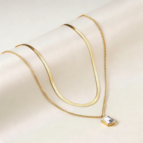 Dubbele Gelaagde Ketting Verguld Roestvrij Staal Slangenketting Rechthoekige Zirkoon Hanger Minimalistische Luxe Sieraden Voor Dames