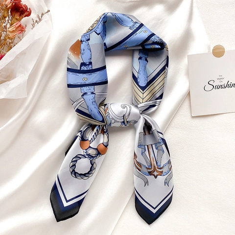 Women Square Scarf Satin Satin Like Nautical Print Anchor Rudder Pattern Fashion Neck Tie Head Wrap Elegant Accessory