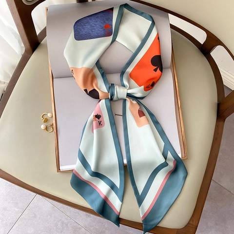 Sciarpa Stretta Skinny Stampa Poker Raso Effetto Raso Nastro Fascia Capelli Per Donne Arredamento Borsa Accessorio Elegante Lungo
