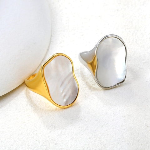 Irregular Mother Of Artificial Pearl Ring Geometric Stainless Steel 18K Gold Plated Statement Shell Ring For Women