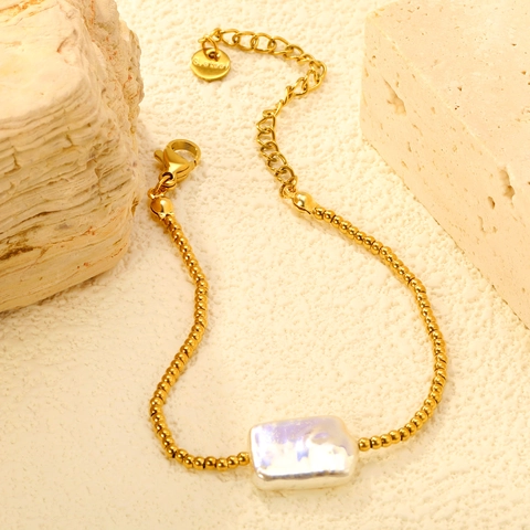 Bracciale Geometrico Rettangolare Con Künstliche Perle Sintetiche In Acciaio Inossidabile Placcato Oro Catena A Sfere Gioielli Da Donna