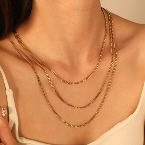 Collier À Plusieurs Rangs Chaîne Gourmette Acier Inoxydable Plaqué Or 18K Hip Hop Bijoux Simples Hommes Femmes
