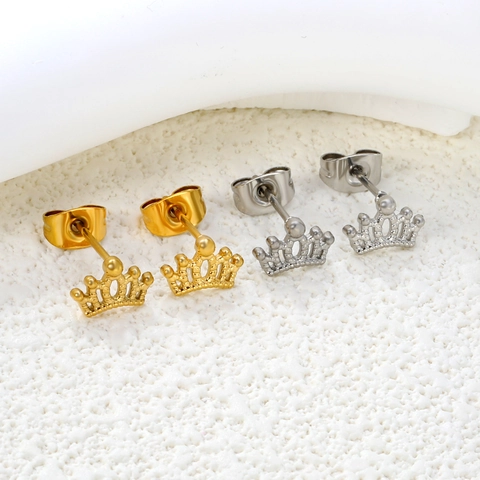 Stainless Steel Heart And Crown Stud Earrings For Women Minimalist Fashion Jewelry Polished Gold And Silver Color