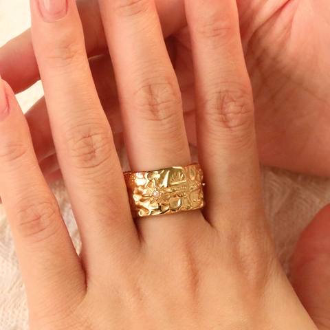 Vintage Irregular Texture Ring Stainless Steel Star Motif Artificial Pearl Band For Women Chic