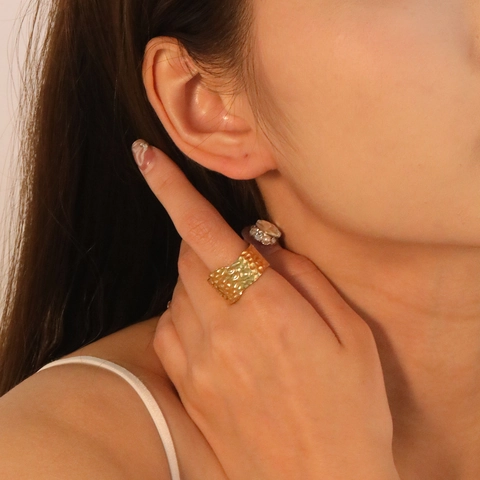 Onregelmatige Gehamerde Brede Ring Roestvrij Staal Verguld Geometrisch Verstelbaar Vintage Mode Sieraden