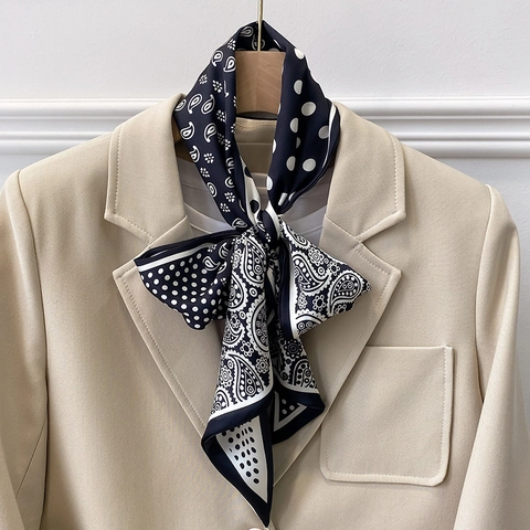 Women Elegant Polyester Satin Long Strip Scarf Printed Paisley Polka Dot Pattern Necktie Waist Belt Handbag Decor Accessory