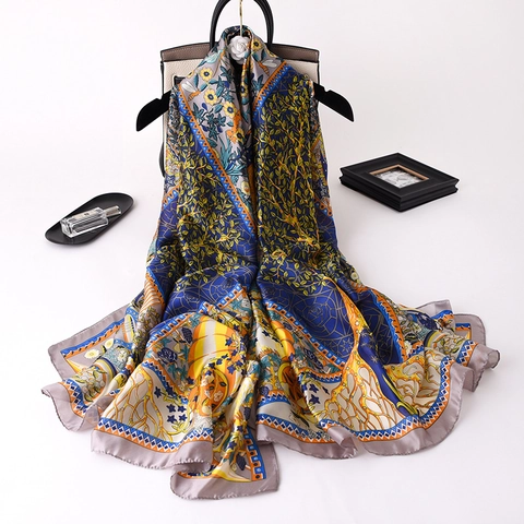Vintage Künstlerischer Print Schal Damen Groß Satin Polyester Satinnimitat Lebensbaum Elegant Mode Accessoires