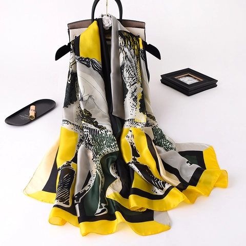 Damen Großer Schal Wickeltuch KunstSatin Reitsport Pferd Geometrischer Druck Sonnenschutz Strandtuch