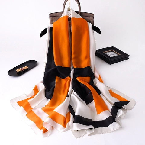 Sciarpa In Raso Satinata Donna Patchwork Geometrico Scialle Leggero Elegante Foulard Da Ufficio Accessorio Di Moda Versatile