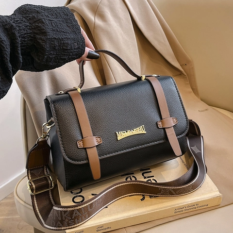 Sac Bandoulière Femme en Cuir PU à Motif Litchi Vintage Sac à Main Épaule Color Block Avec Large Bandoulière Jacquard