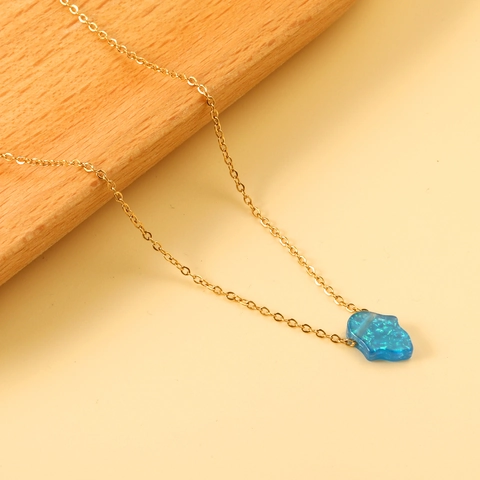 Collana Con Pendente Mano Di Fatima Opale Sintetico Blu Acciaio Inossidabile Placcato Oro Donna
