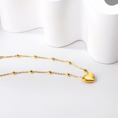 Heart Pendant Necklace 18K Gold Plated Stainless Steel Bead Chain Minimalist Elegant Jewelry For Women