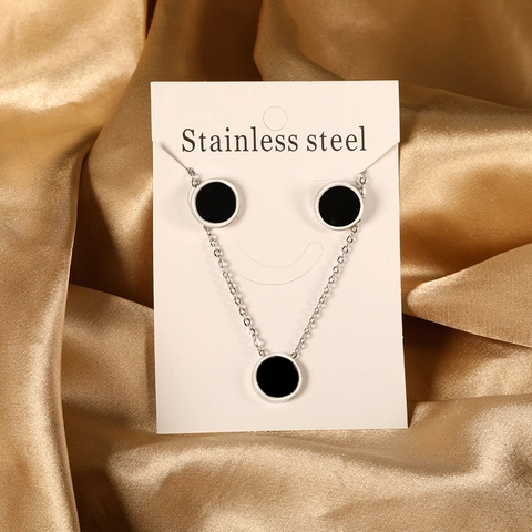 Collana E Orecchini A Lobo Con Intarsio Di Conchiglia Nera Rotonda Acciaio Inossidabile Gioielli Geometrici Donna