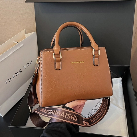 Women PU Leather Crossbody Bag Lychee Texture Top Handle Handbag Wide Jacquard Strap Fashion Square Daily