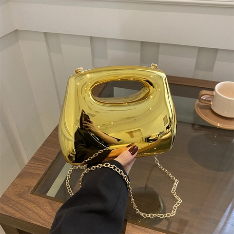 Borsa da Sera di Lusso in Acrilico a Specchio Donna Borsa a Scatola Metallica Oro Argento Catena Per Banchetti Festa Nozze