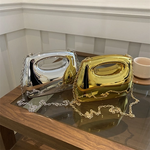 Borsa da Sera di Lusso in Acrilico a Specchio Donna Borsa a Scatola Metallica Oro Argento Catena Per Banchetti Festa Nozze
