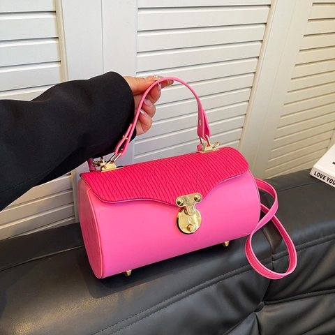 Women PU Leather Barrel Crossbody Bag Pleated Flap Gold Round Lock Handheld Shoulder Handbag Chic Retro