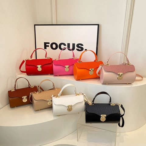 Women PU Leather Barrel Crossbody Bag Pleated Flap Gold Round Lock Handheld Shoulder Handbag Chic Retro