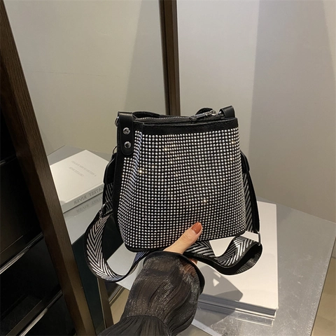 Women Rhinestone Bucket Bag PU Leather Full Diamond Wide Herringbone Strap Crossbody Shoulder Handbag Sparkling Fashion