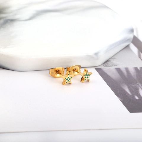 Gold Plated Stainless Steel Stud Earrings Green White Checkerboard Geometric Star Heart Drop For Women Fashion