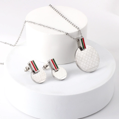 Collana E Orecchini In Acciaio Inossidabile Pendente Rotondo Rettangolare Trapuntato Striscia Rossa Verde Gioielli Hip Hop Per Donna