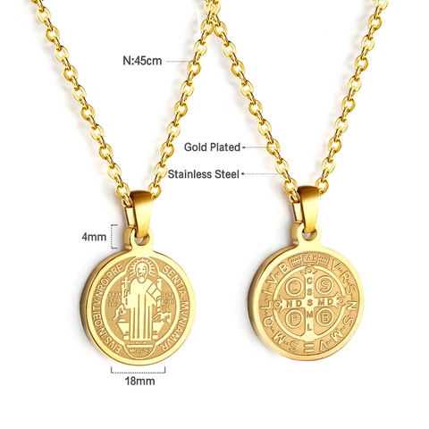 Collier Médaille Saint Benoît Acier Inoxydable Double Face Rond Pendentif Religieux Hip Hop Bijoux Unisexe