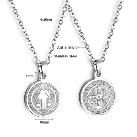 Collier Médaille Saint Benoît Acier Inoxydable Double Face Rond Pendentif Religieux Hip Hop Bijoux Unisexe