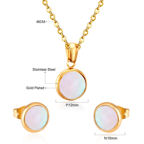Round White Mother Of Artificial Pearl Necklace And Stud Earrings Jewelry Stainless Steel Gold Plated Elegant Minimalist Women