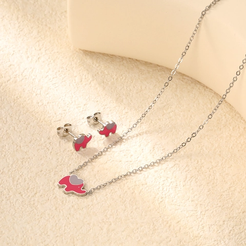 Cartoon Elefant Edelstahl Halskette Und Ohrstecker Rosa Lila Emaille Herz Süßer Schmuck Für Mädchen Kinder Frauen