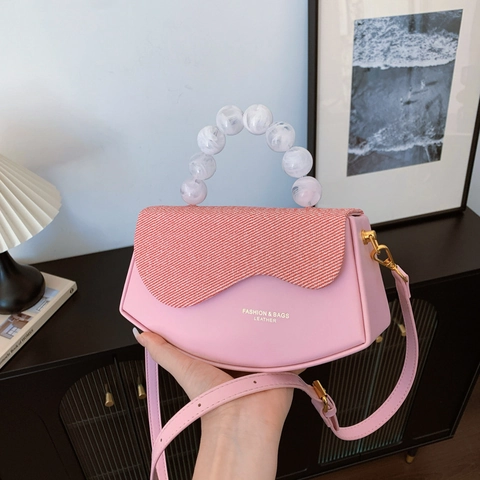 Sac Bandoulière Femme Mode Cuir PU Rabat Ondulé Bloc de Couleur Petit Sac Carré Avec Poignée en Perles Bandoulière Réglable