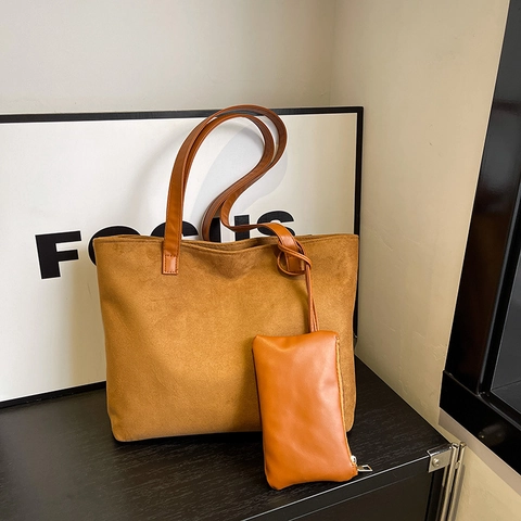 Women Suede Pu Leather Tote Bag Large Capacity Shoulder Bag And Small Pouch Retro Leisure Handbag Solid Color Elegant