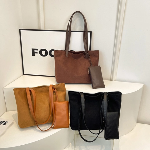 Women Suede Pu Leather Tote Bag Large Capacity Shoulder Bag And Small Pouch Retro Leisure Handbag Solid Color Elegant