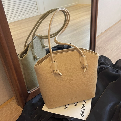 Dames Tote Bag Lychee Textuur PU Leer Grote Capaciteit Geknoopte Schouderriem Minimalistische Handtas