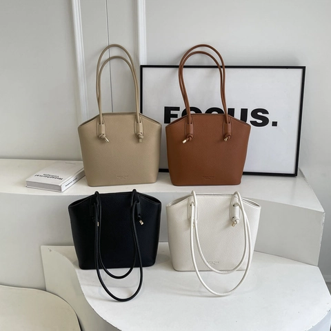Dames Tote Bag Lychee Textuur PU Leer Grote Capaciteit Geknoopte Schouderriem Minimalistische Handtas