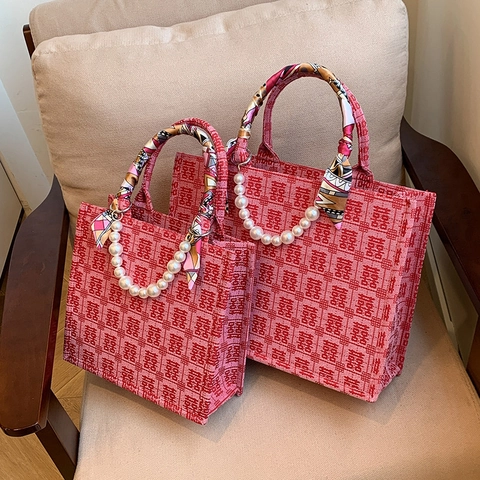 Grote Capaciteit Double Happiness Jacquard Tote Bag Met Kunstparel Handvat Sjaal Decoratie Feestelijke Bruiloft Schoudertas Vrouwen