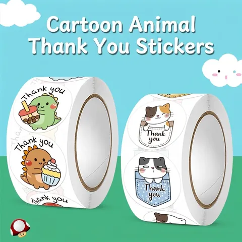 Rotolo Adesivi Grazie Animali Cartoni Animati Dinosauro Gatto Tondo Carta Patinata Per Sigillatura Regali Premi Insegnanti