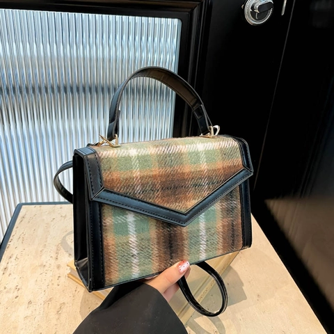 Borsa A Tracolla Retrò In Tweed A Quadri Da Donna Con Rifiniture In Pelle PU Borsa A Mano Con Manico E Tracolla Regolabile Elegante
