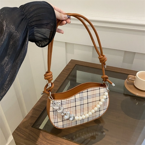 Vintage Plaid Women Underarm Bag With Artificial Pearl Heart Chain Decoration Fashion Retro Hobo Shoulder Crossbody Bag For Casual Date