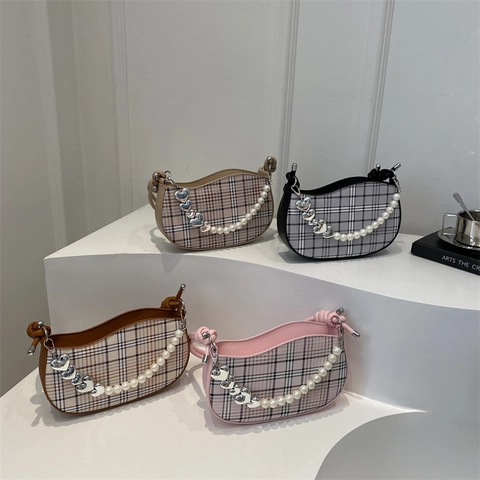 Vintage Plaid Women Underarm Bag With Artificial Pearl Heart Chain Decoration Fashion Retro Hobo Shoulder Crossbody Bag For Casual Date
