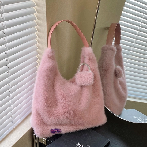 Women's Faux Fur Plush Tote Bag Large Capacity Winter Fluffy Shoulder Bag Fashion Handbag With Pompom Charm For Ladies